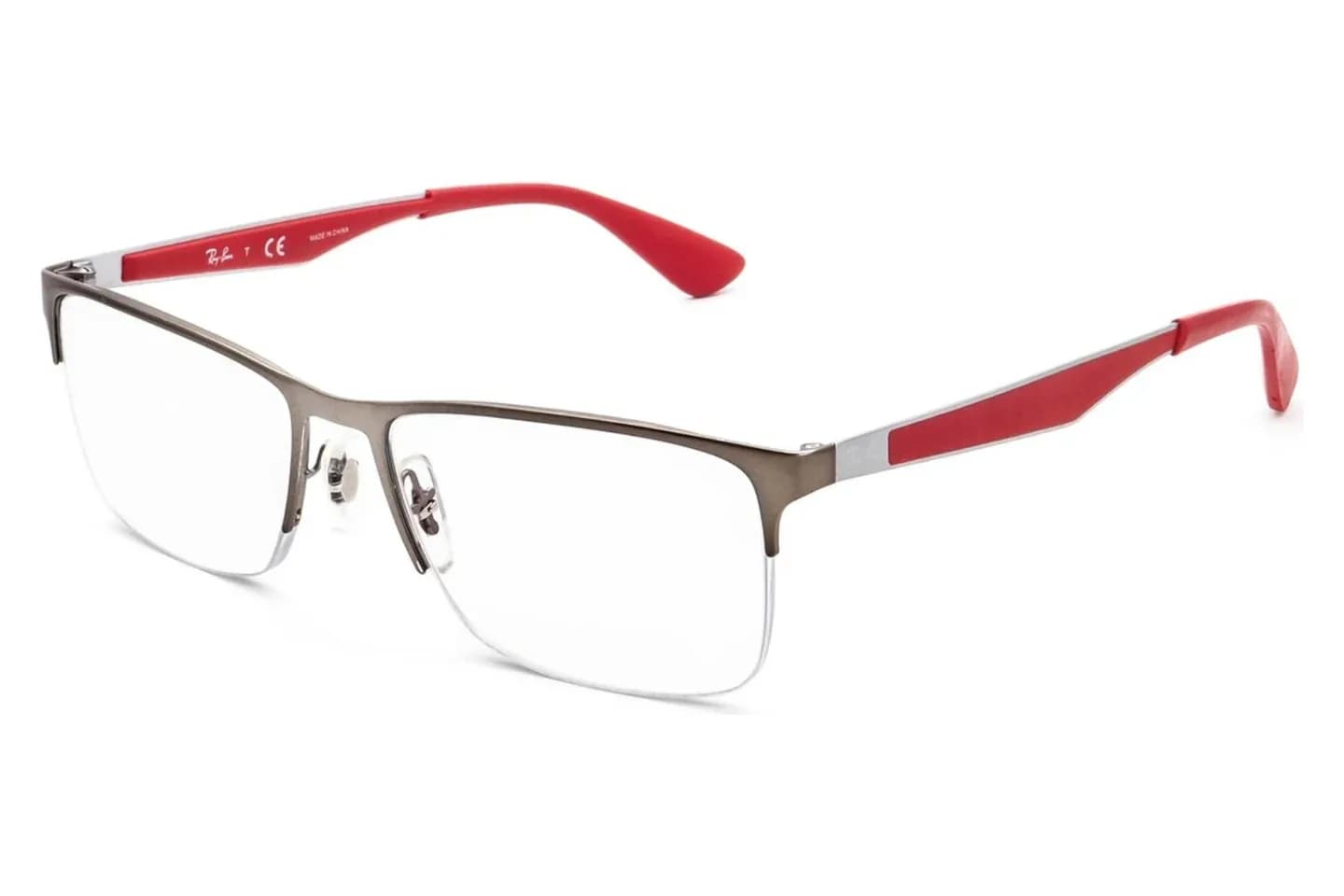 Ray-Ban RB6335 2620 half-rim eyeglasses in gunmetal with red temples, front three-quarter view