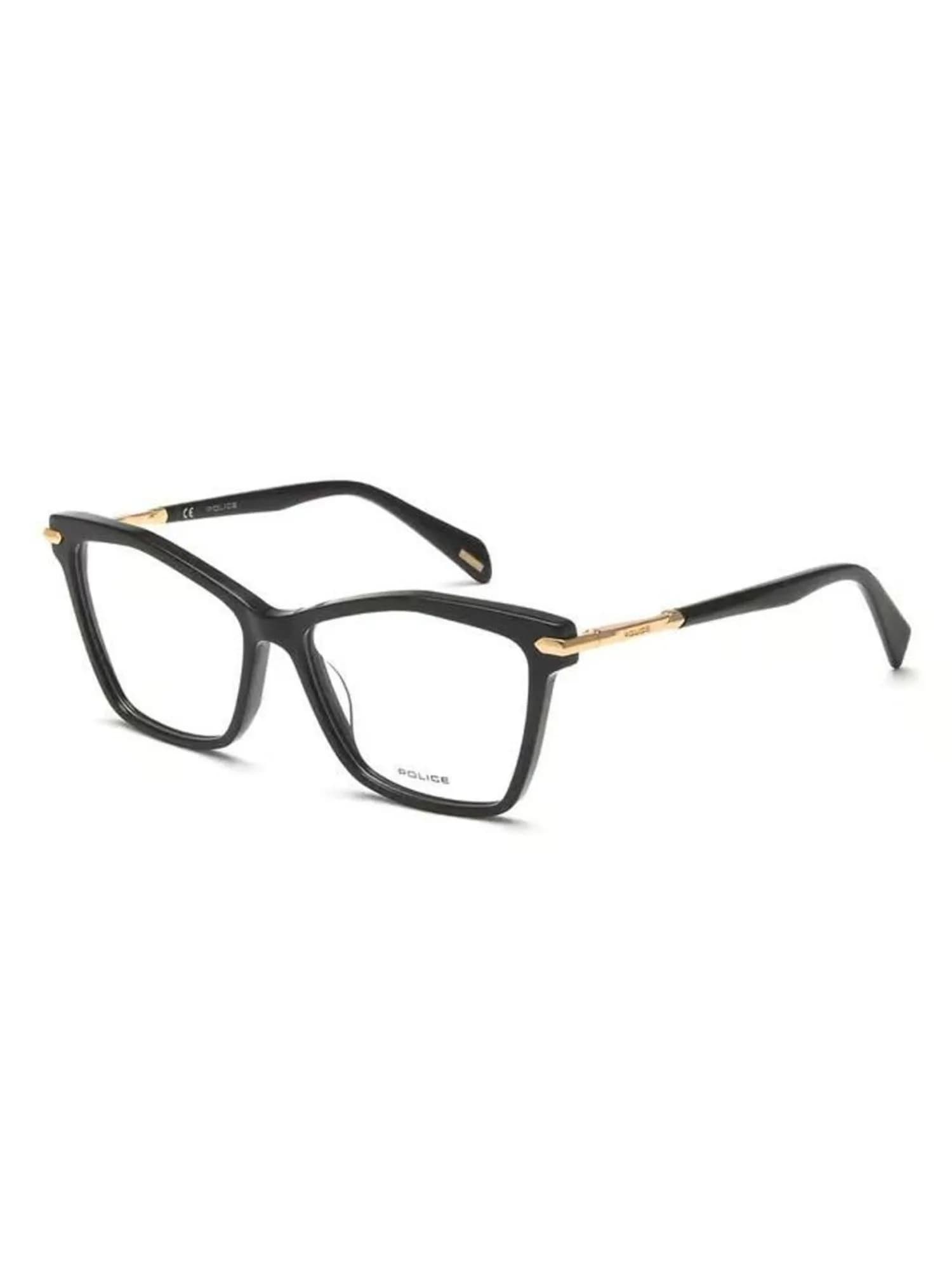 Police VPLD21K cat-eye eyeglasses in shiny black (0700) with gold metal temple cores, three-quarter view