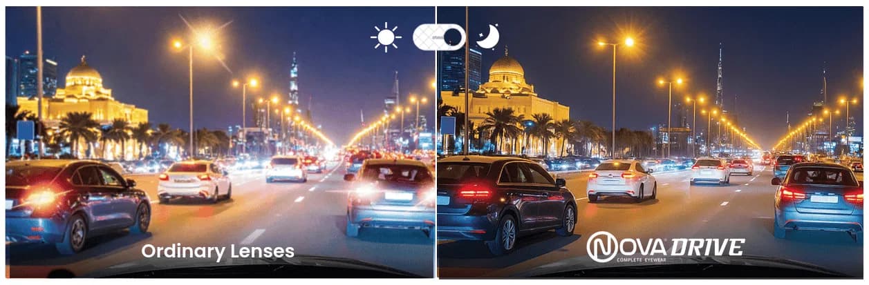 Nova Drive PAL Blumax Lenses, Nova comparison of a night-time road seen through ordinary lenses and through Nova Drive lenses