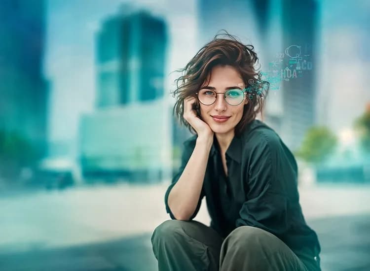 Rodenstock Impression B.I.G. NORM Mono Clear Lenses, Rodenstock B.I.G. NORM campaign image of a spectacle wearer with a biometric eye-data graphic