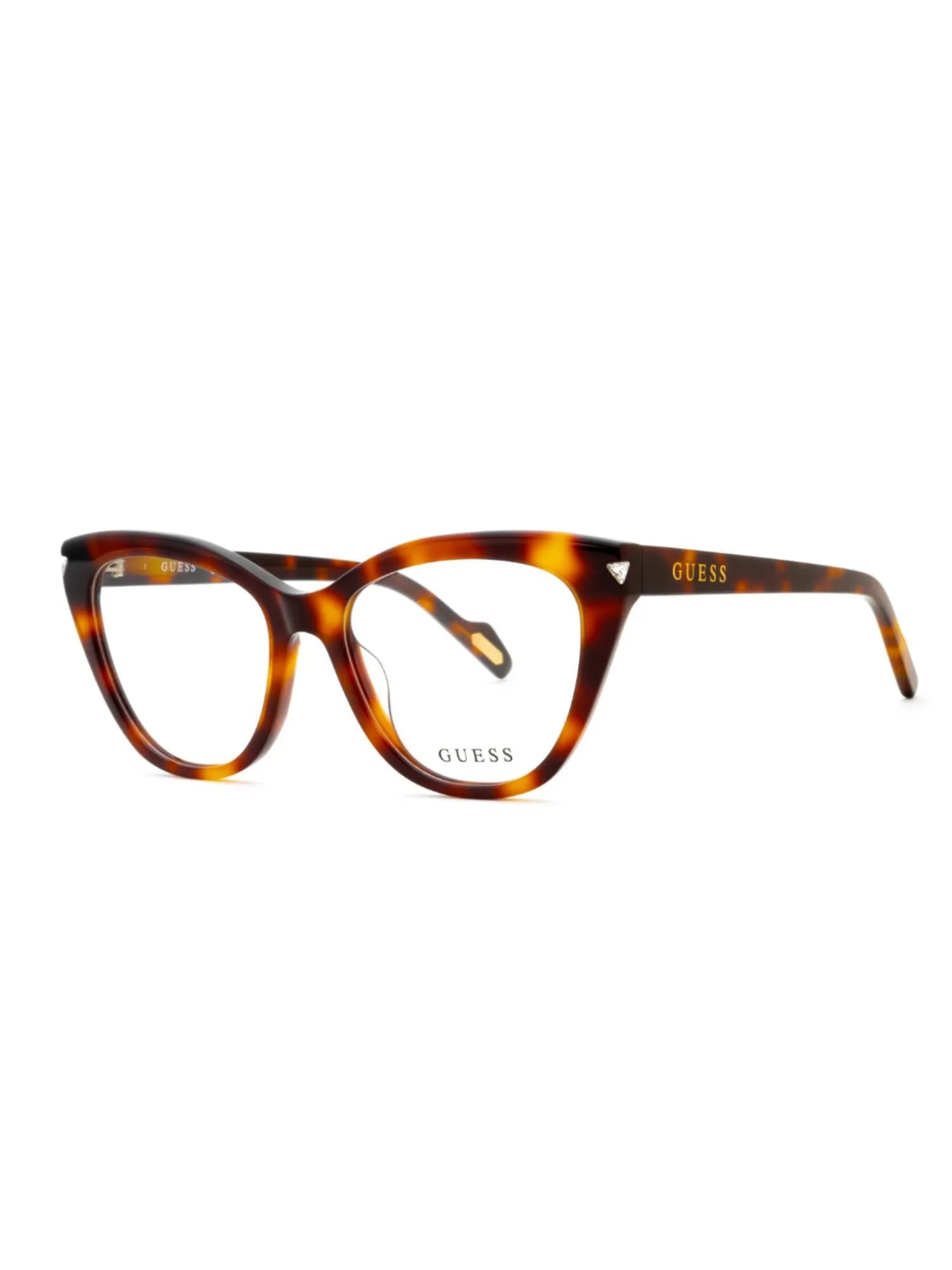 Guess GU50218 cat-eye eyeglasses in havana tortoise acetate (052), front three-quarter view