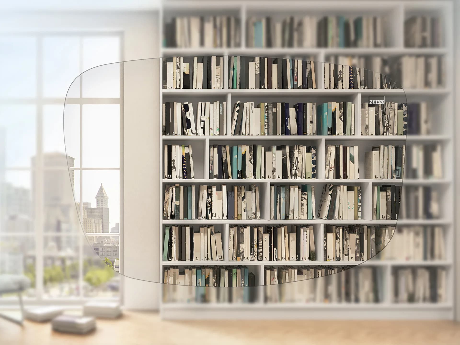 ZEISS Single Vision Individual Lenses, simulated view of a bookshelf and window through a ZEISS Single Vision Individual lens