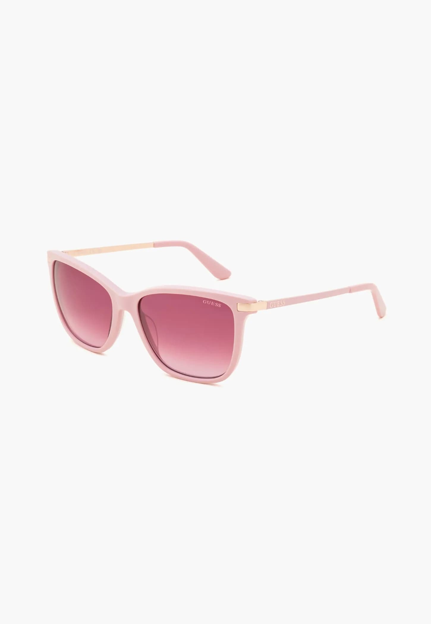 Guess GU00322 72T butterfly sunglasses with a pink frame, rose-gold temples and gradient pink-bordeaux lenses, front three-quarter view