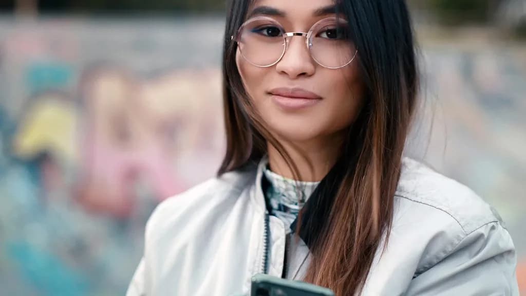 ZEISS Single Vision SmartLife Individual 3 Lenses, ZEISS SmartLife photo of a wearer in round spectacles holding a smartphone outdoors