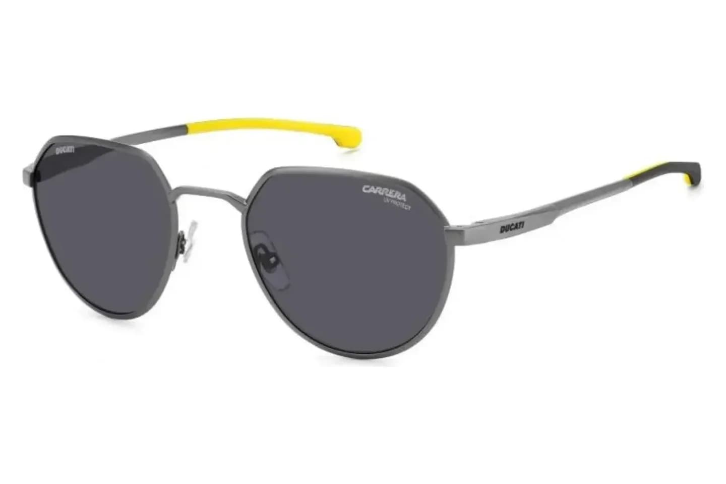 Carrera Ducati CARDUC 036/S sunglasses in matte dark ruthenium R80 with grey lenses and yellow temple tips, front three-quarter view