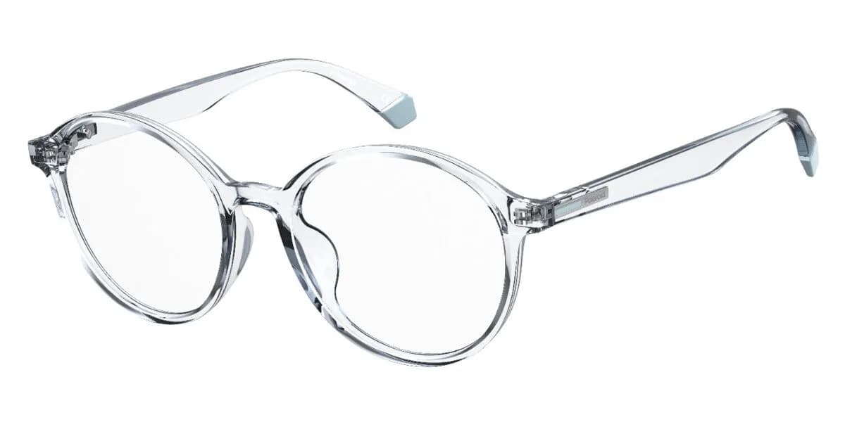 Polaroid PLD D388/F eyeglasses in crystal clear (900), front three-quarter view