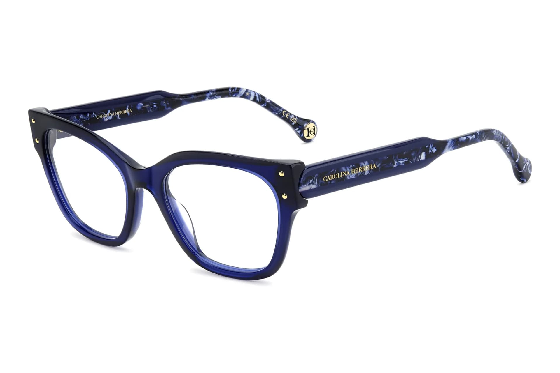 Carolina Herrera HER 0324 eyeglasses in PJP blue with blue-marble temples, front three-quarter view