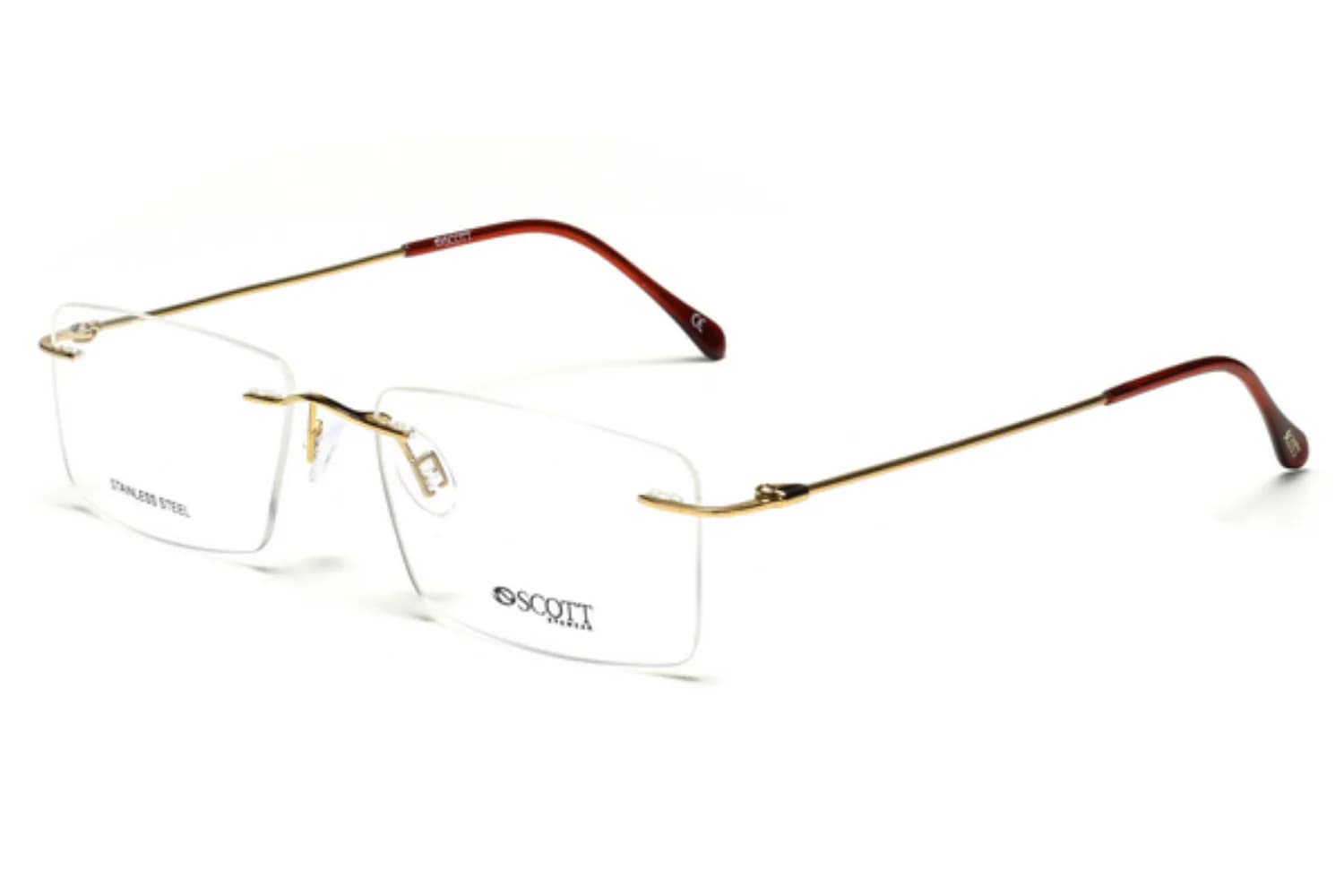 Scott SC5396 C1 gold rimless rectangular eyeglass frame with burgundy temple tips, front three-quarter view