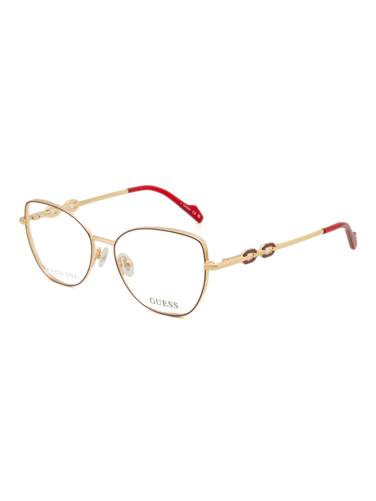 Guess GU50402 stainless steel cat-eye eyeglasses in 066 gold with burgundy rim, chain-link temples and red tips, three-quarter view