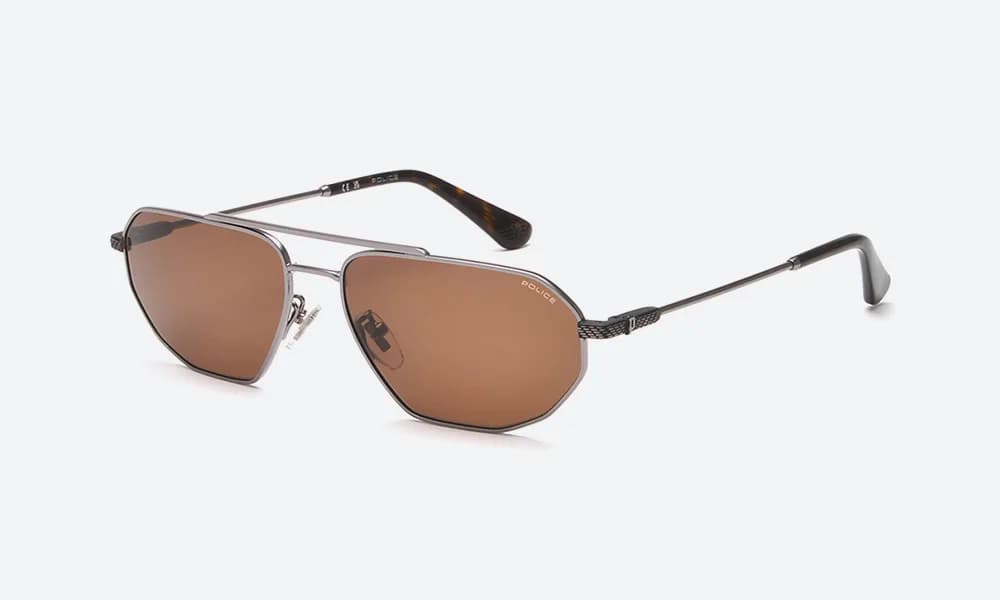 Police SPLF66K 0508 gunmetal navigator sunglasses with brown lenses, front three-quarter view