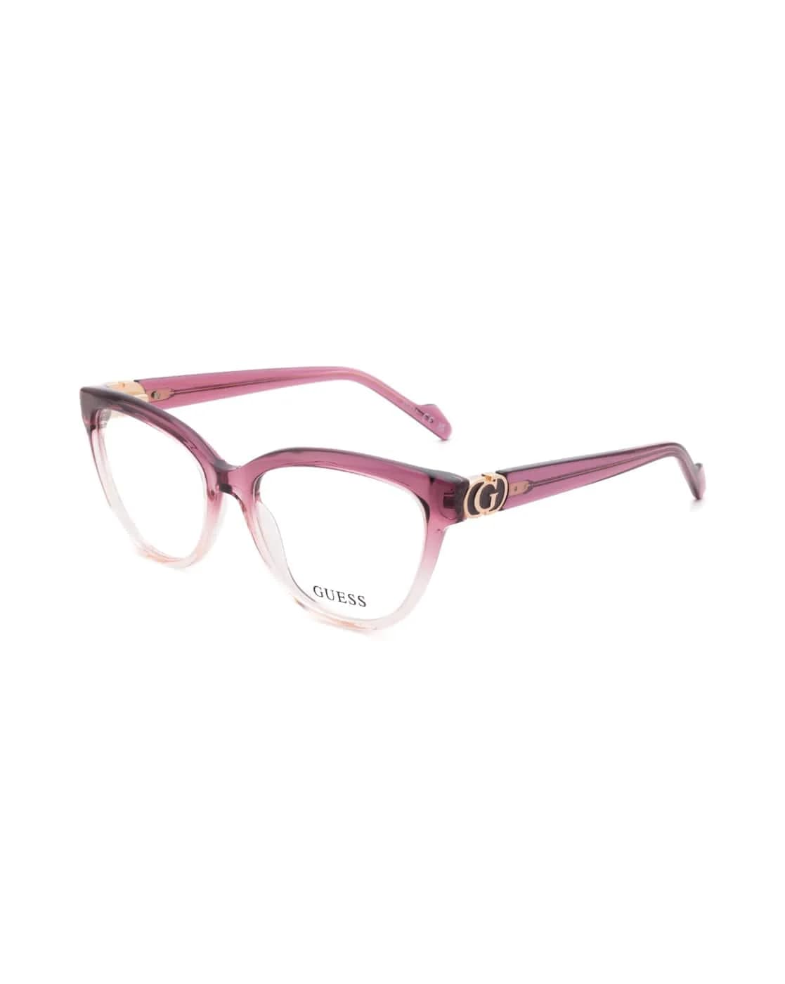 Guess GU50422 083 cat-eye eyeglasses in a violet-to-pink gradient with a gold G logo at the hinge, front three-quarter view