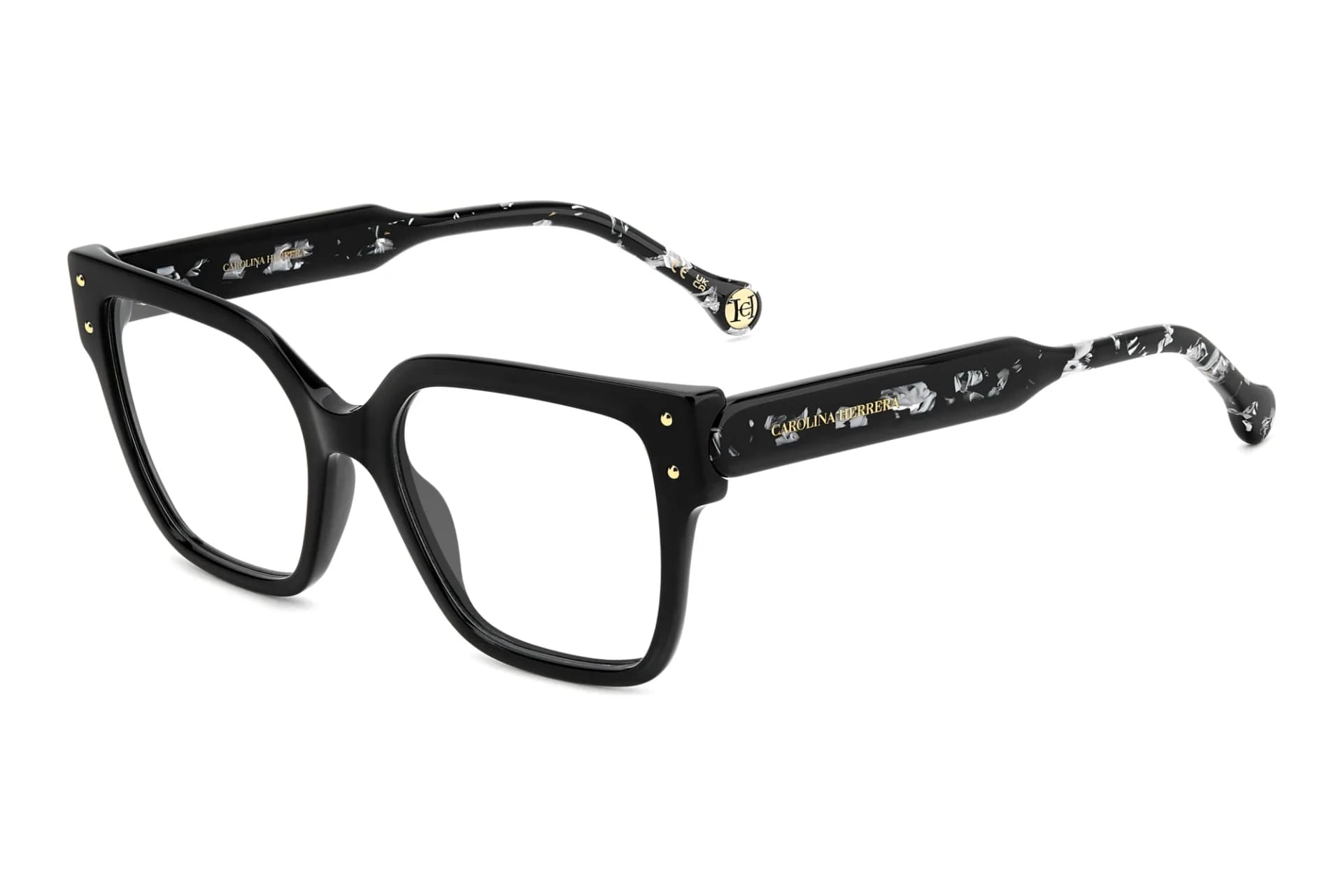 Carolina Herrera HER 0325 eyeglasses in 807 black with black-and-white marble temples, front three-quarter view