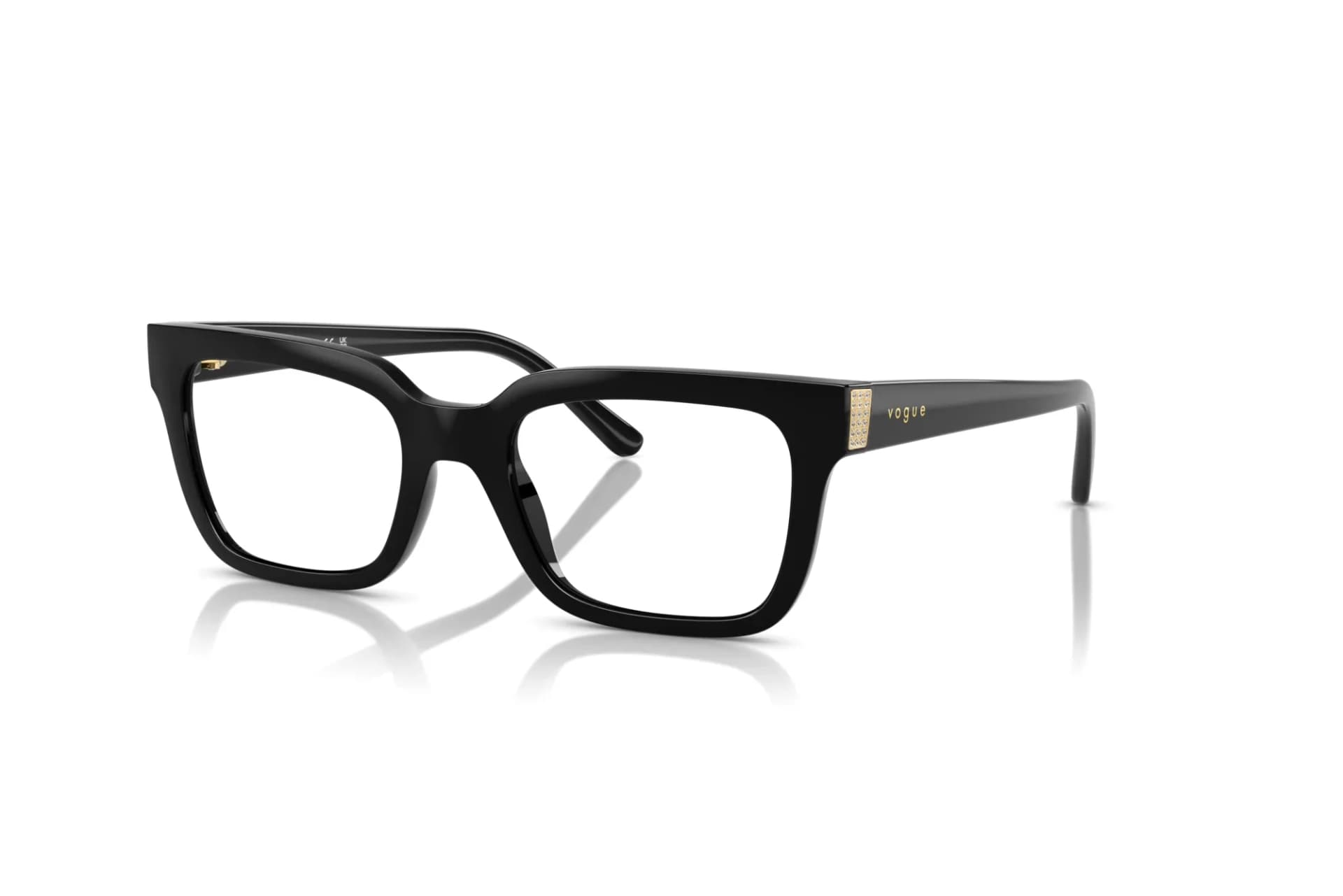Vogue VO5611B W44 black square eyeglasses with crystal-studded gold temple plaque, front three-quarter view