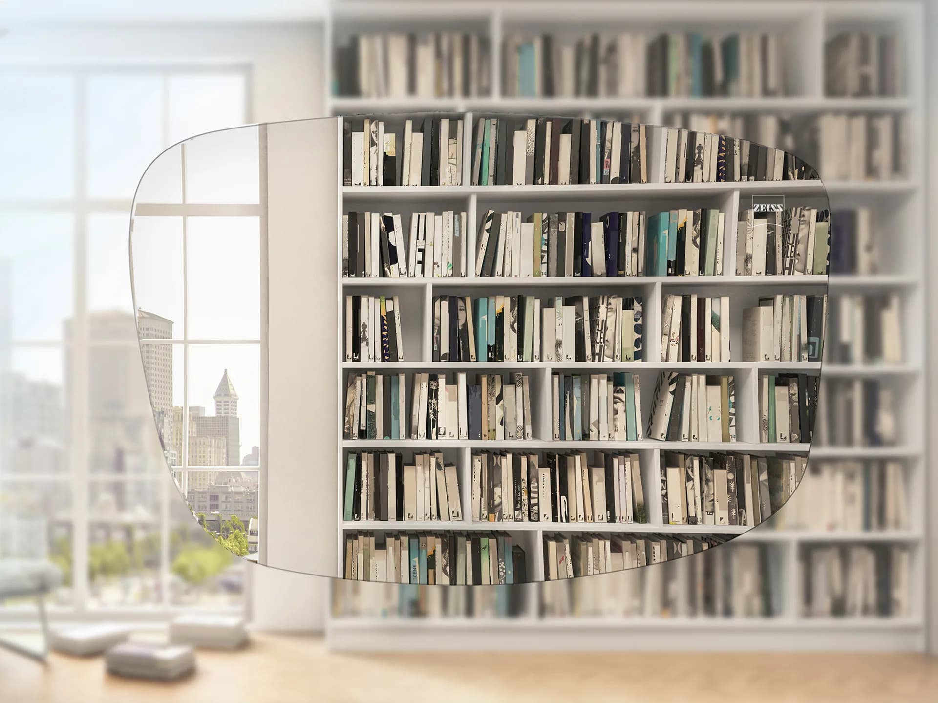 ZEISS Single Vision (AS / Sph) Lenses, simulated view of a bookshelf and window through a ZEISS Single Vision AS lens