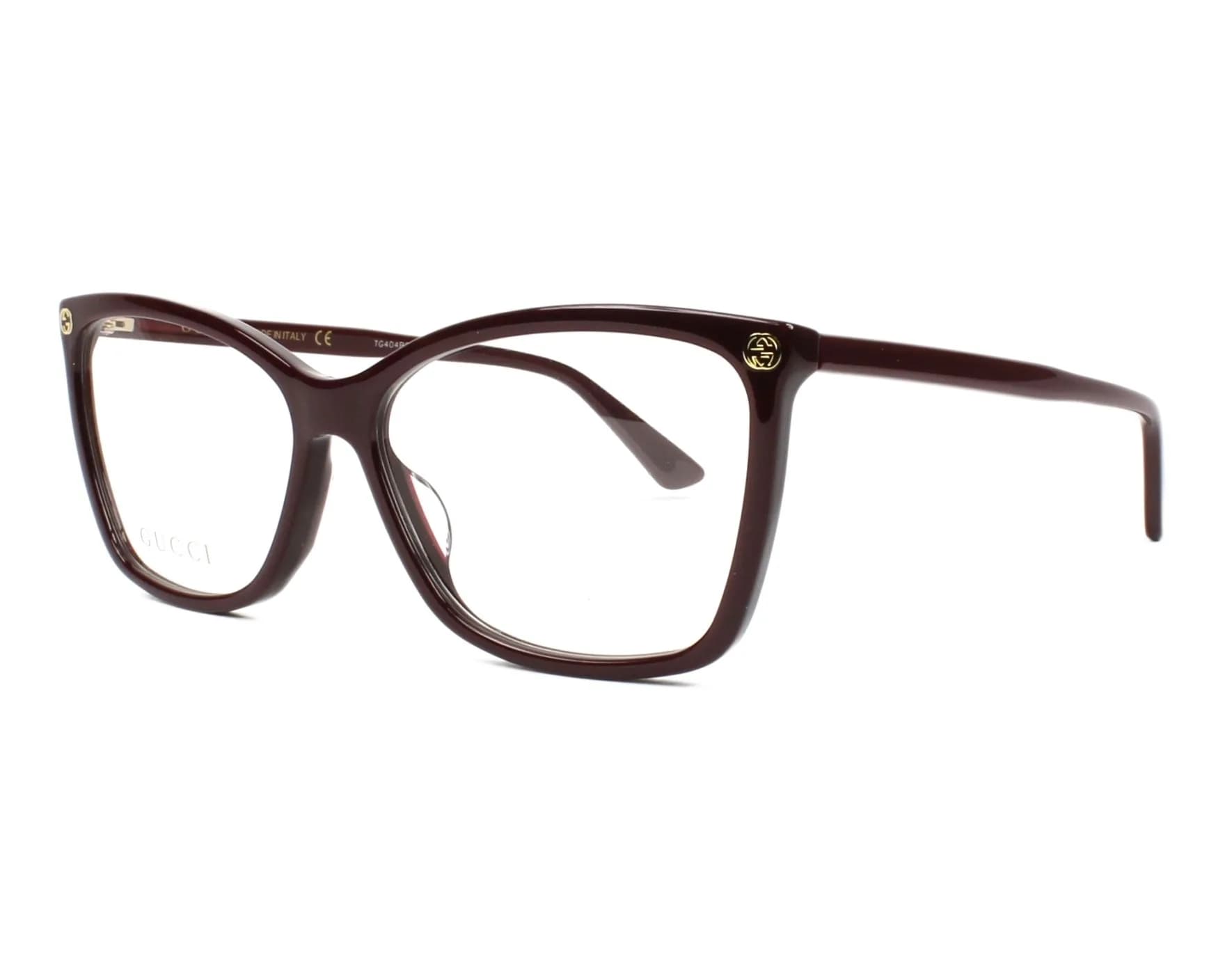 Gucci GG0025O eyeglasses in Burgundy (007), front three-quarter view