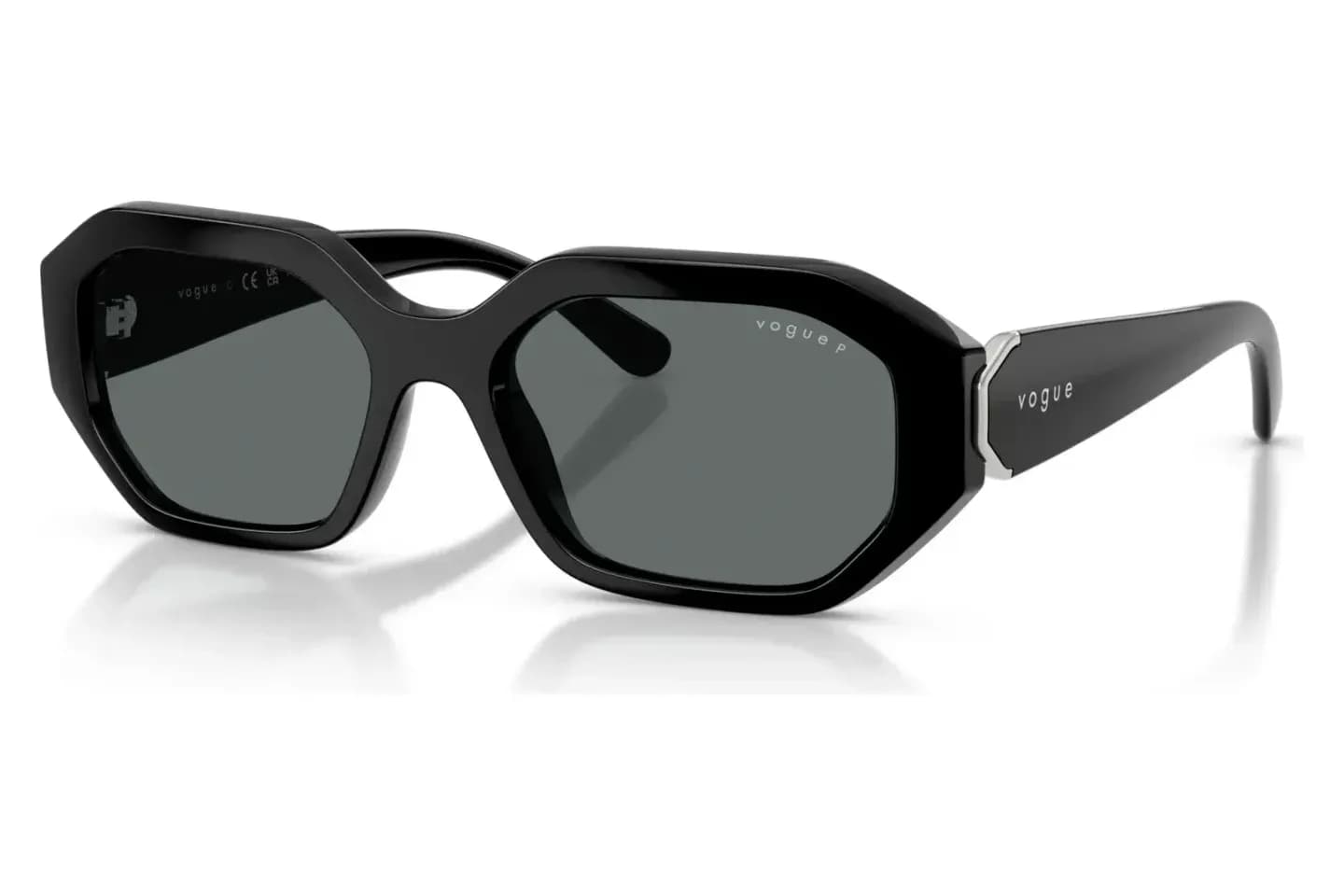 Vogue VO5675S sunglasses in Black with Dark Grey Polarized lenses (W44/81), front three-quarter view