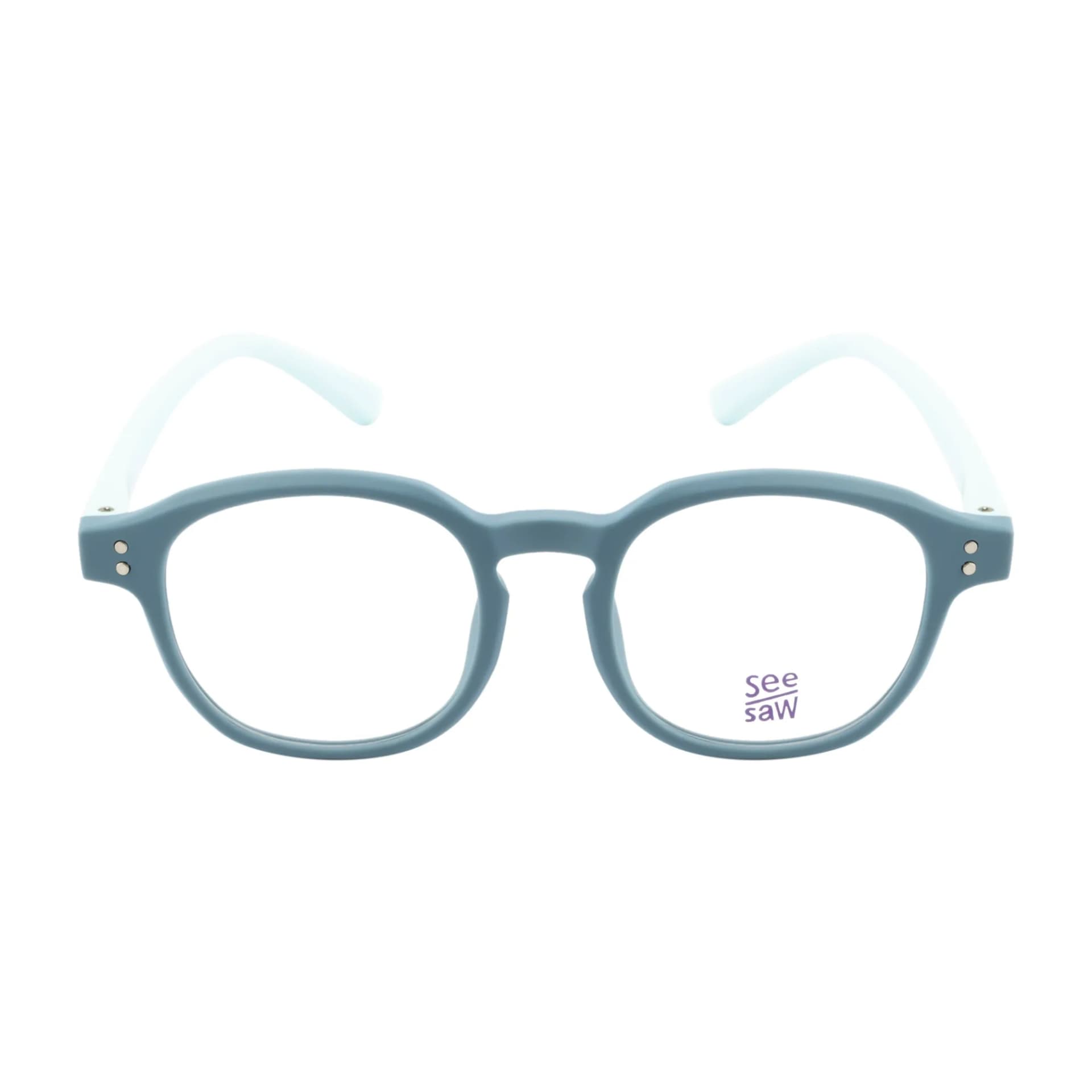 See Saw 1185 C2 faded blue round kids eyeglasses with light blue temples, straight front view
