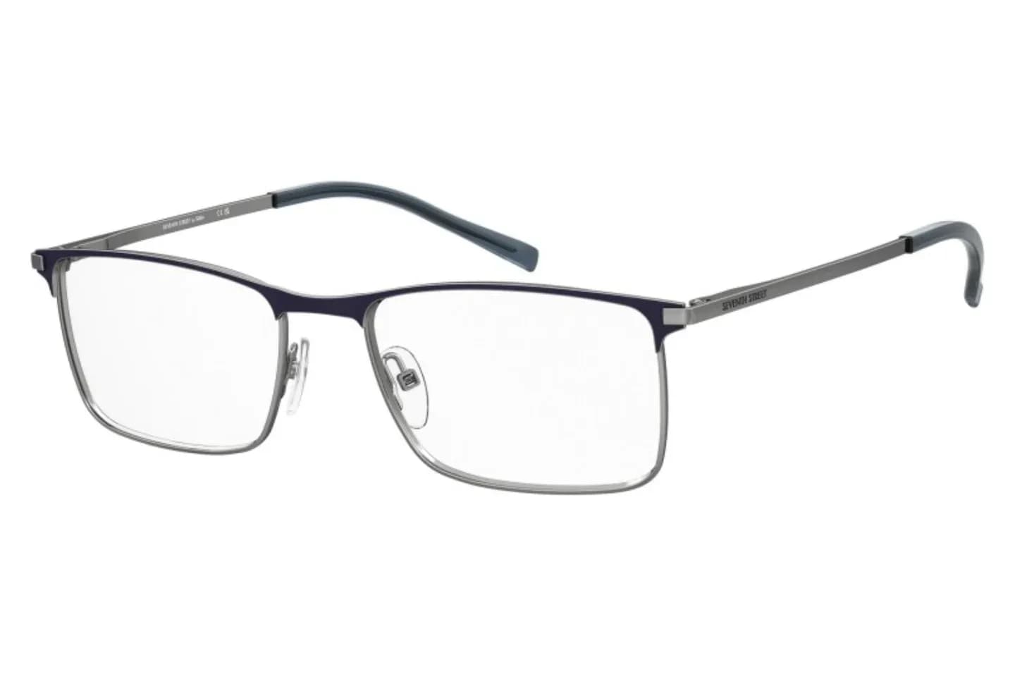 Seventh Street 7A 124 eyeglasses in blue ruthenium, silver-grey with navy brow (KU0), front three-quarter view