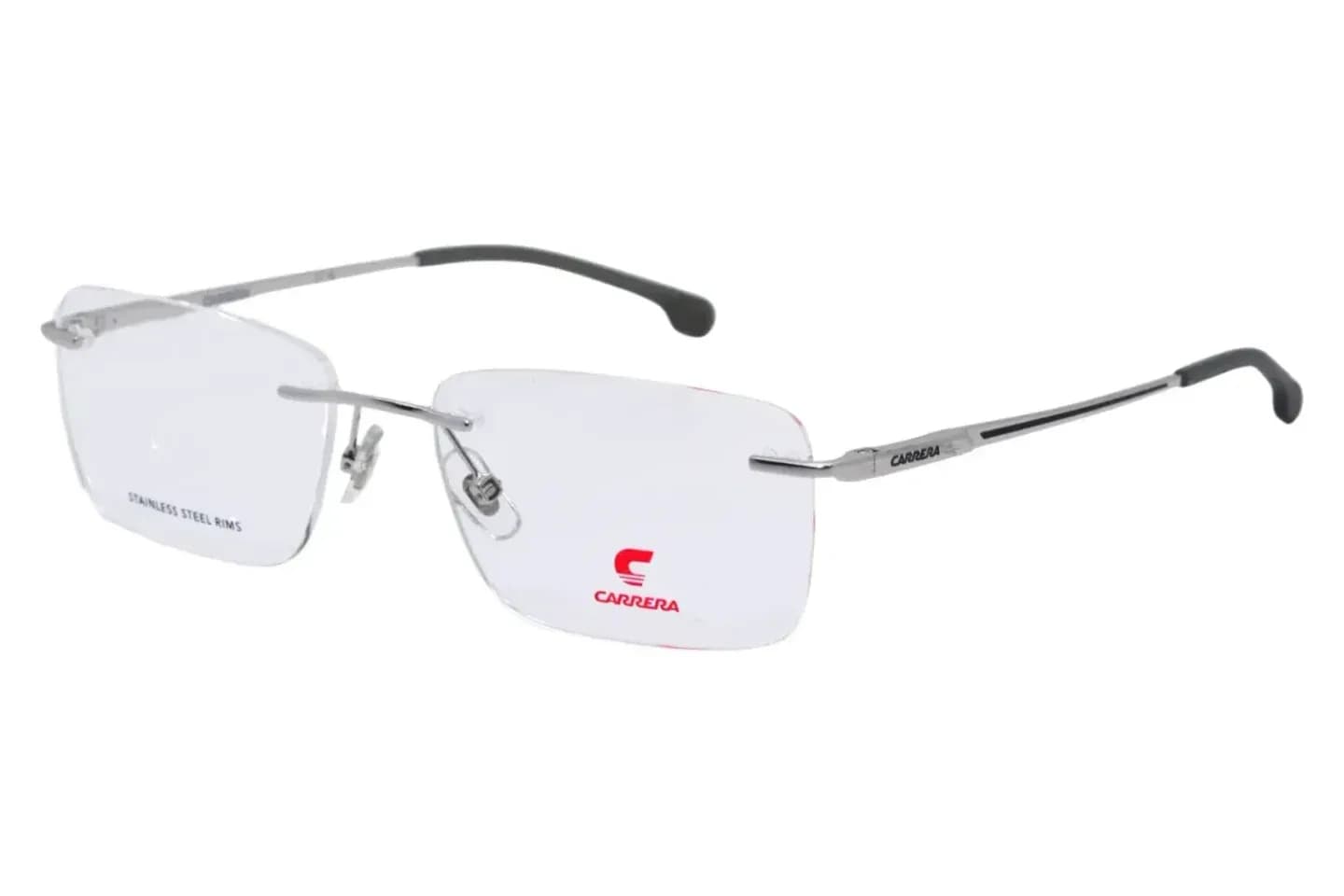 Carrera 8919 rimless rectangular eyeglasses in silver (84J), front three-quarter view