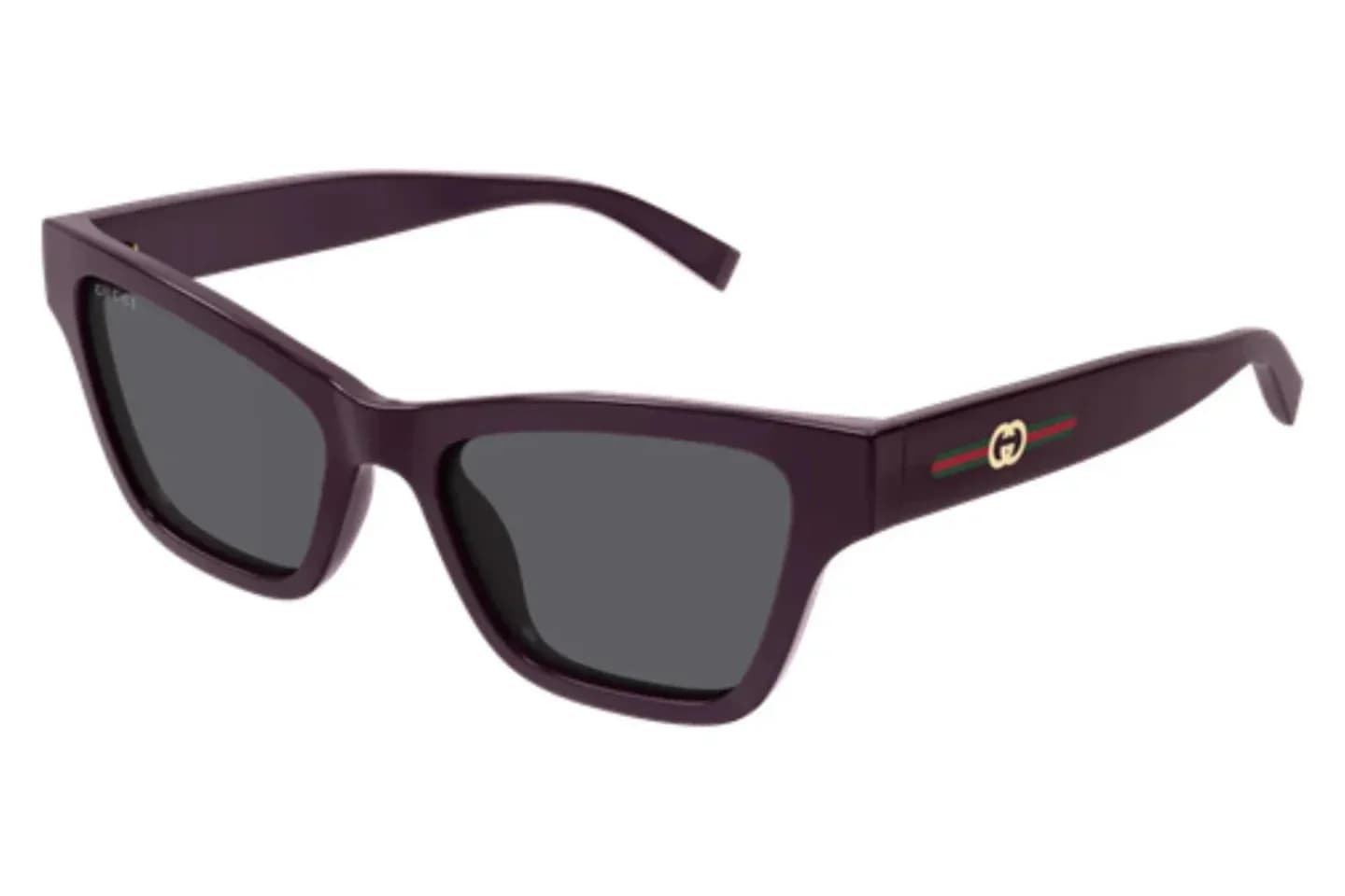 Gucci GG1982S cat-eye sunglasses in violet with grey lenses and Web stripe Interlocking G temple, front three-quarter view