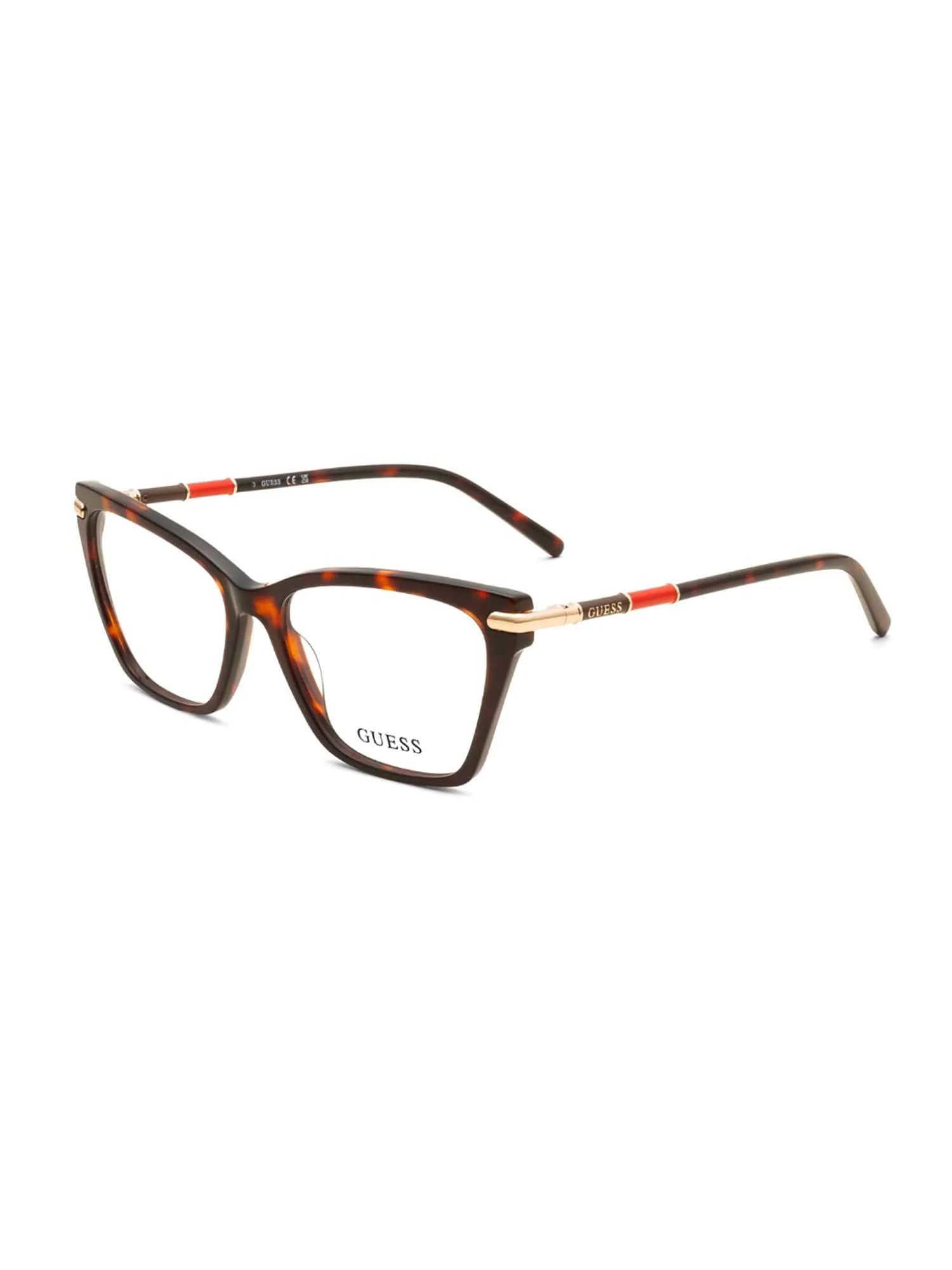 Guess GU50433 052 dark havana cat-eye eyeglasses with red and gold temple accent, front three-quarter view