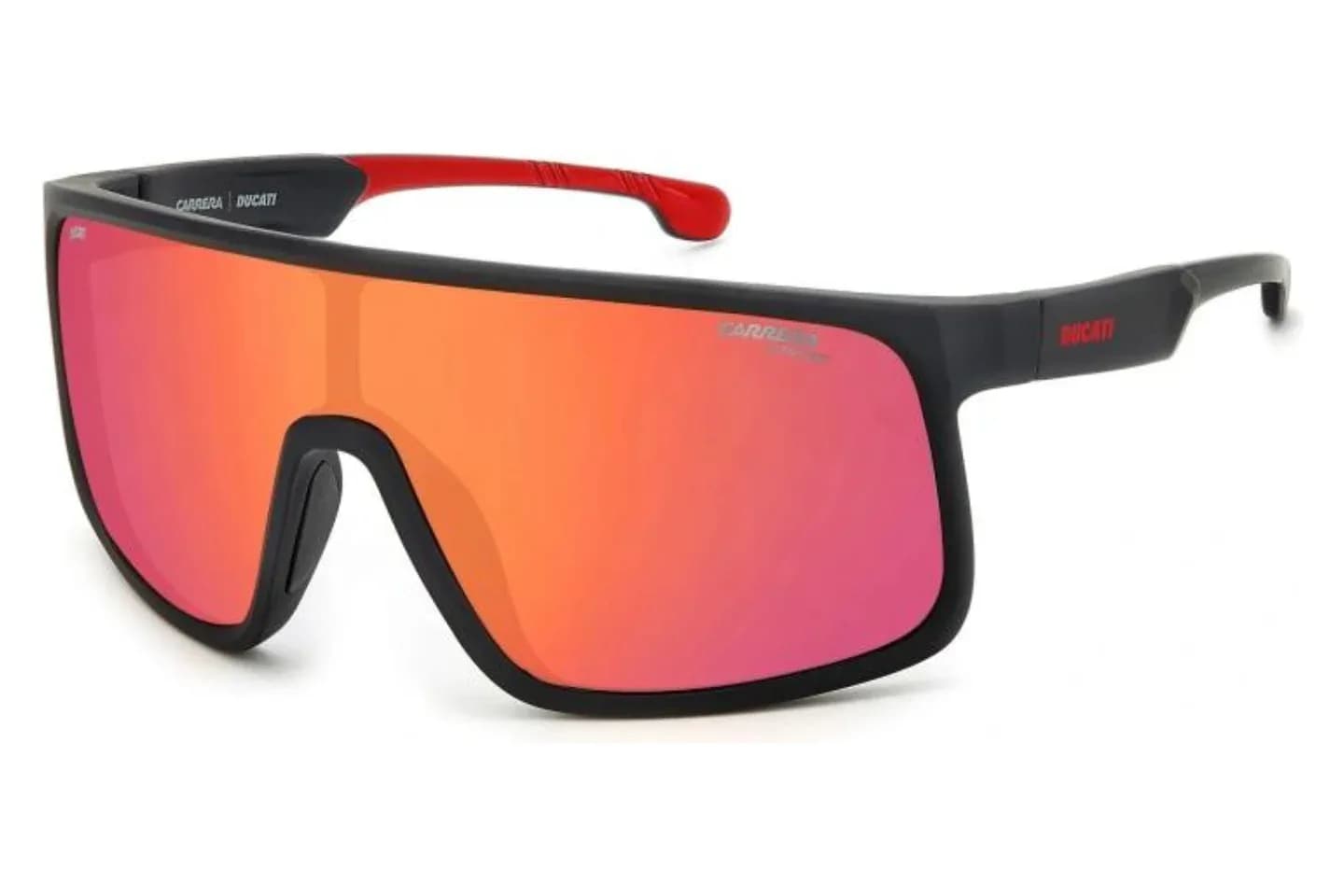 Carrera Ducati CARDUC 017/S sunglasses in matte black with red temple tips and red multilayer mirror shield lens (OIT/UZ), front three-quarter view