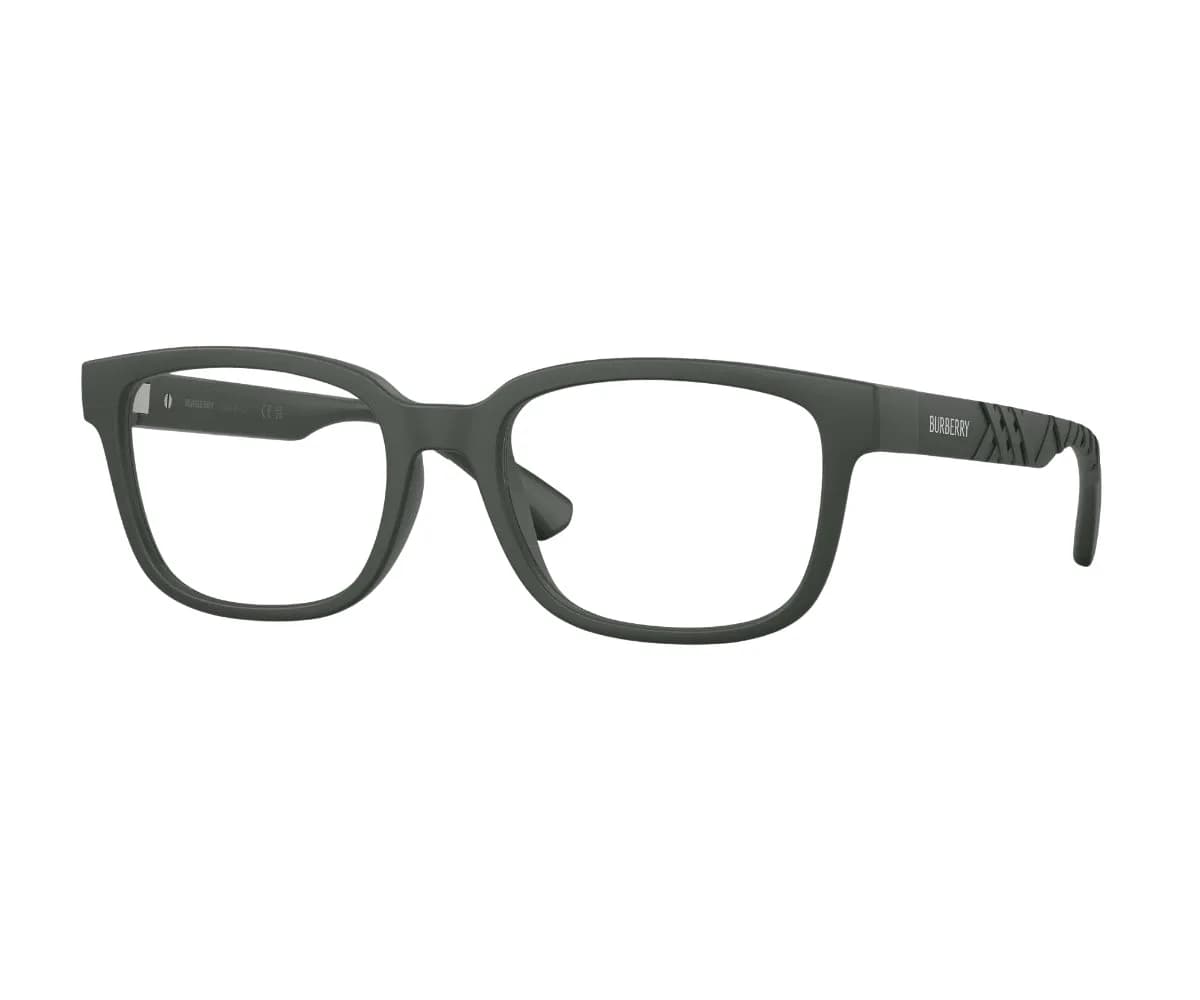 Burberry Frame BE2451U in Matte Green (4232), angled view showing the check-embossed temple