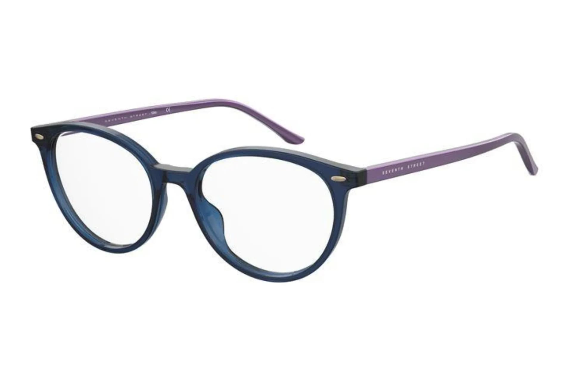 Seventh Street 7A 567 eyeglasses in blue with violet temples (PJP), front three-quarter view