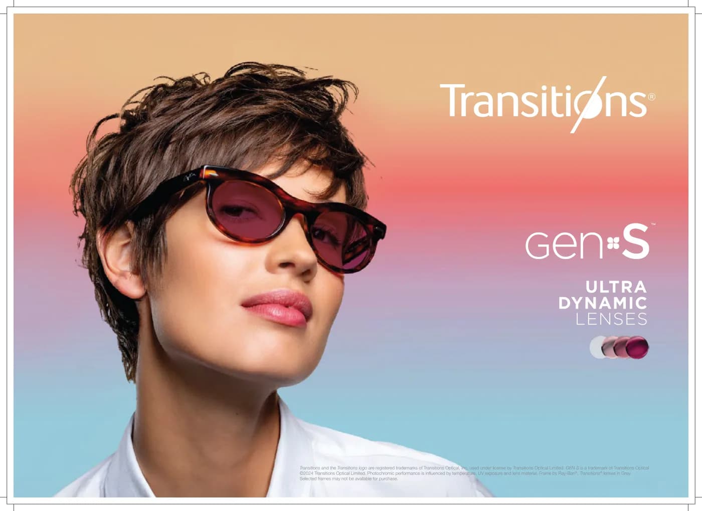 Nova Rx SV Transitions GEN S Lenses: Transitions Gen S ad: model in activated lenses + Transitions & GEN S logos