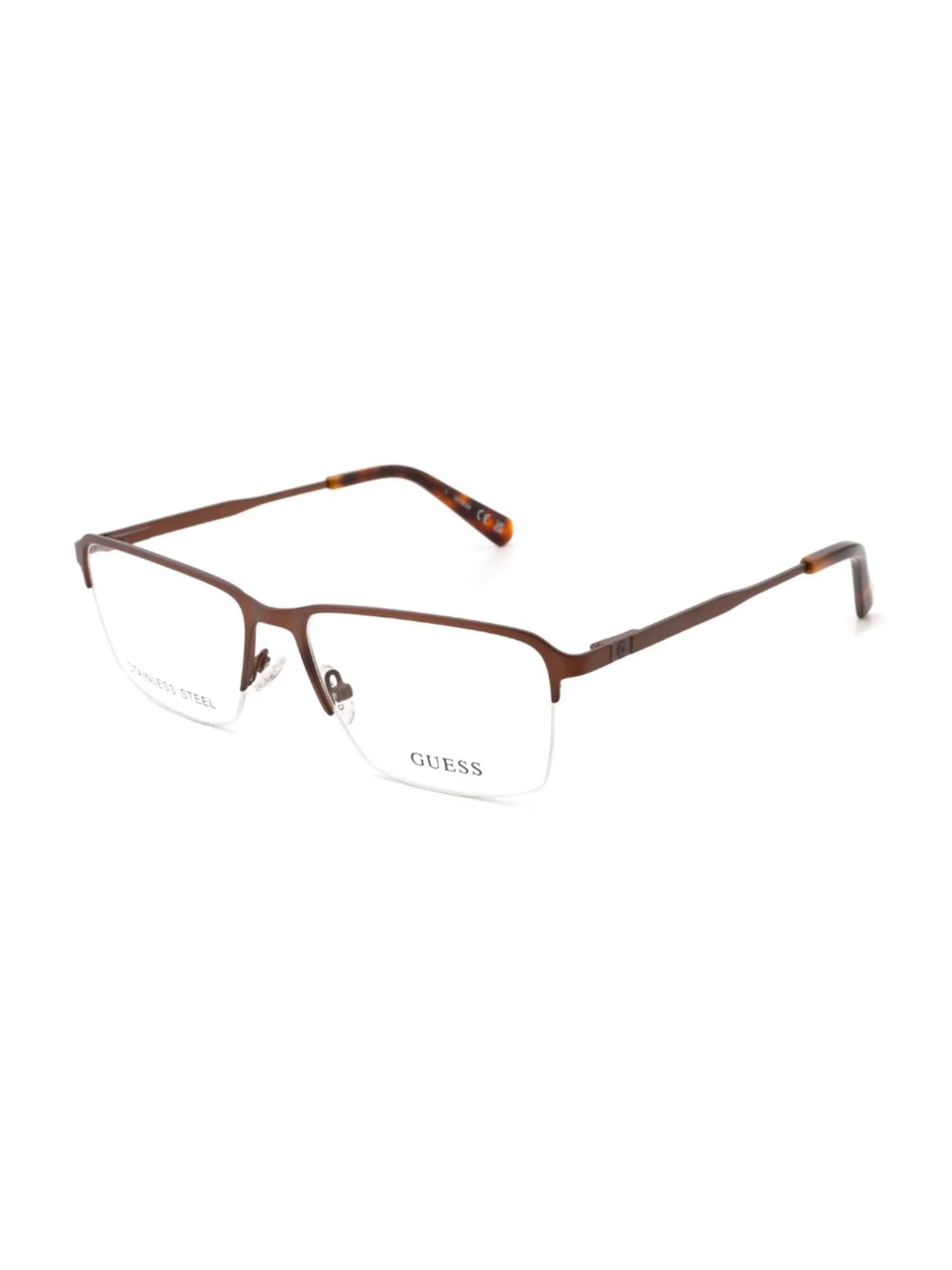 Guess GU50289 049 matte brown half-rim rectangular eyeglasses, front three-quarter view